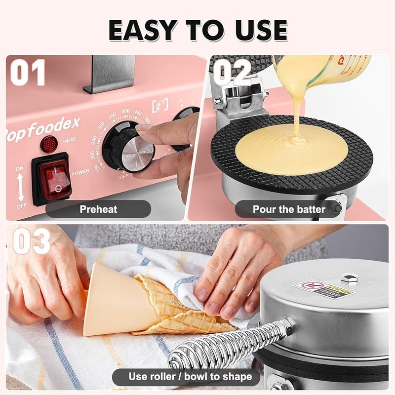 Commercial Waffle Cone Maker Non-Stick Temp Control Fast Heating Accessories New
