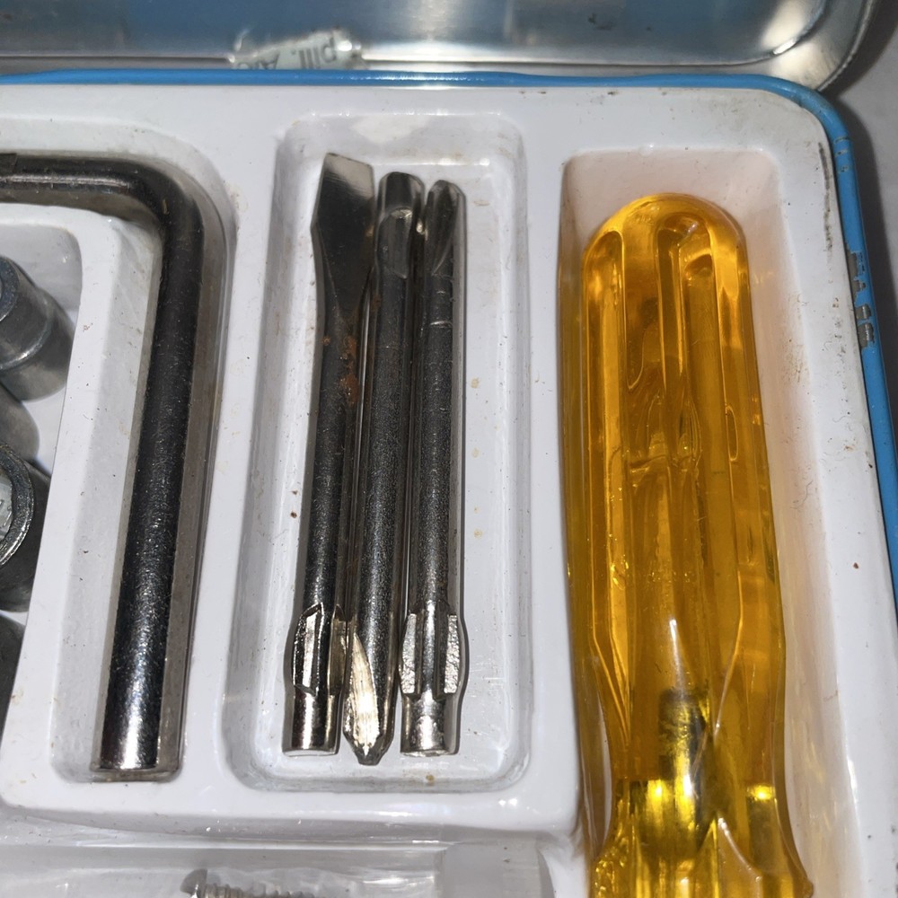 Vintage Tin Pocket Tool Kit Metal Blue Sockets & Screwdriver