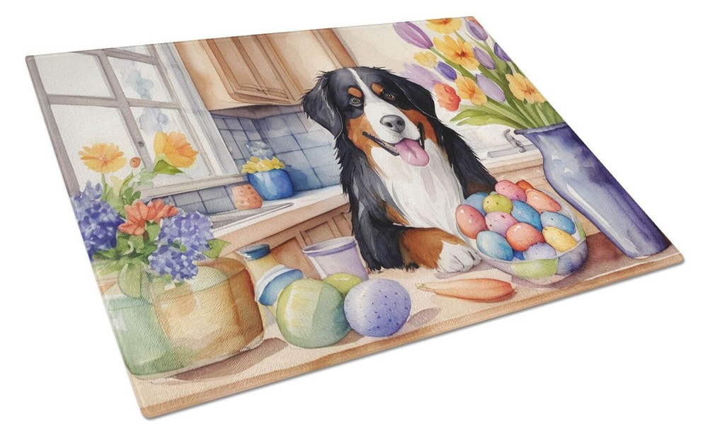 NEW Decorating Easter Bernese Mountain Dog Glass Cutting Board Decorative