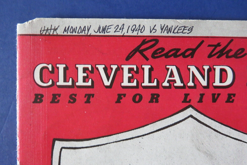 1940 CLEVELAND INDIANS vs NY YANKEES BASEBALL SCORECARD PROGRAM