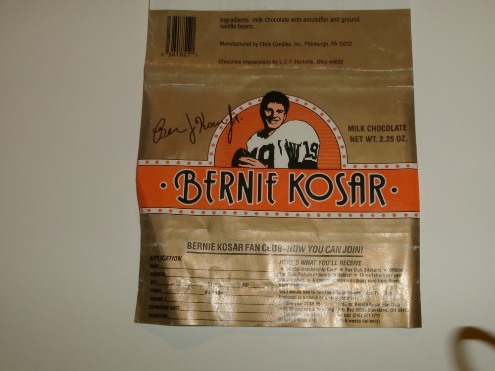Original Bernie Kosar Milk Chocolate Candy Bar Wrapper