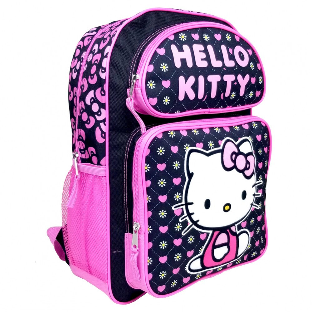 Large Backpack - Hello Kitty - Heart Black Pattern 16" #C6CF63