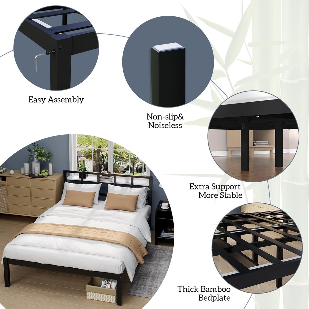 Bamboo Bed Frame Twin Size with Headboard Platform Bedframe Solid Stablewith ...