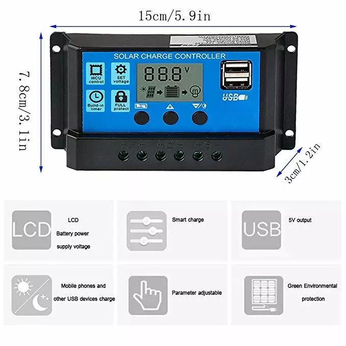 10A 20A 30A PV Solar Charge Controller USB With LCD Display Regulator