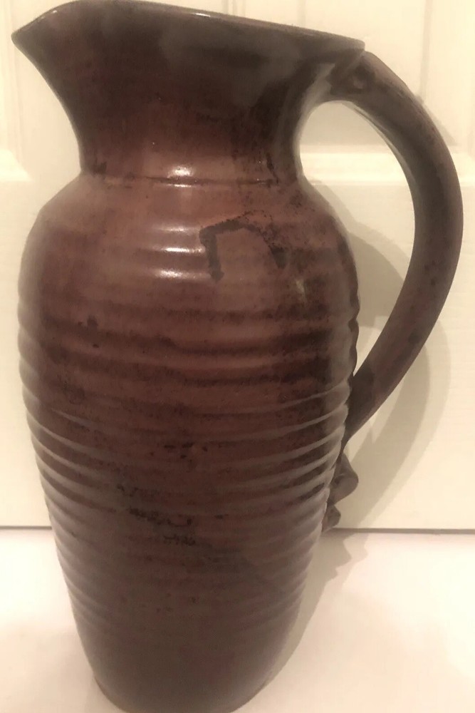 Art Pottery Ceramic Pitcher Rustic Drip Glaze Ribbed Pattern Scroll Handle 11.5”