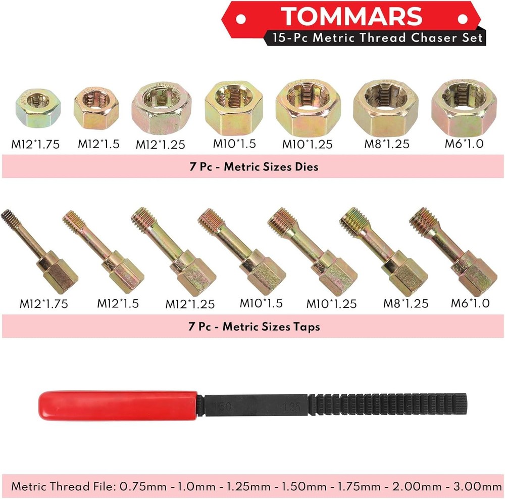 TOMMARS 15-Piece Metric Thread Chaser Set, M6 M8 M10 M12