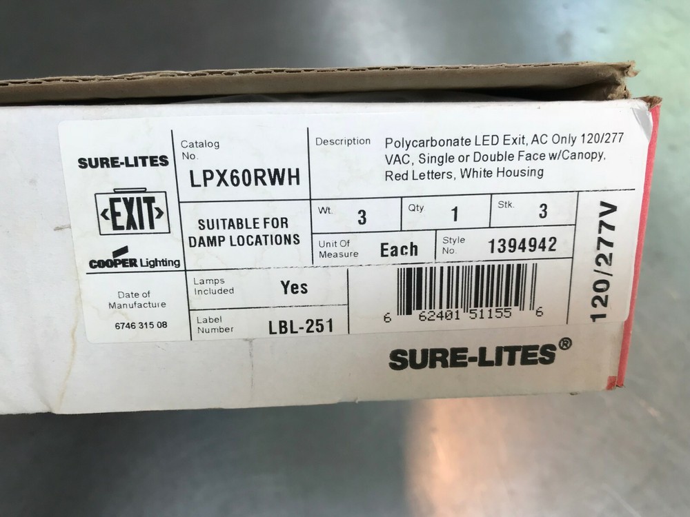 LPX60RWH Cooper Lighting Sure-Lites Exit Emergency Light LED Exit Sign 120-277V