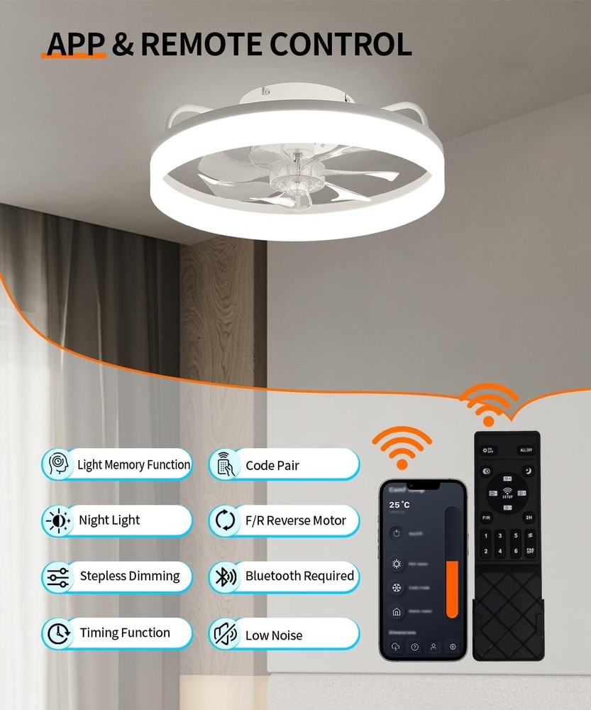 20" Modern Flush Mount LED Ceiling Fan Light Kit Dimmable Lamp with Remote & APP