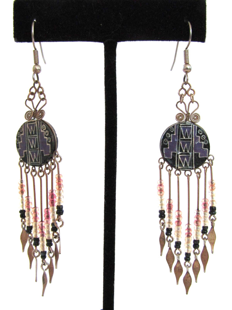 Handmade Hand Painted Boho Beaded Drop Dangle 3.5" Hook Earrings