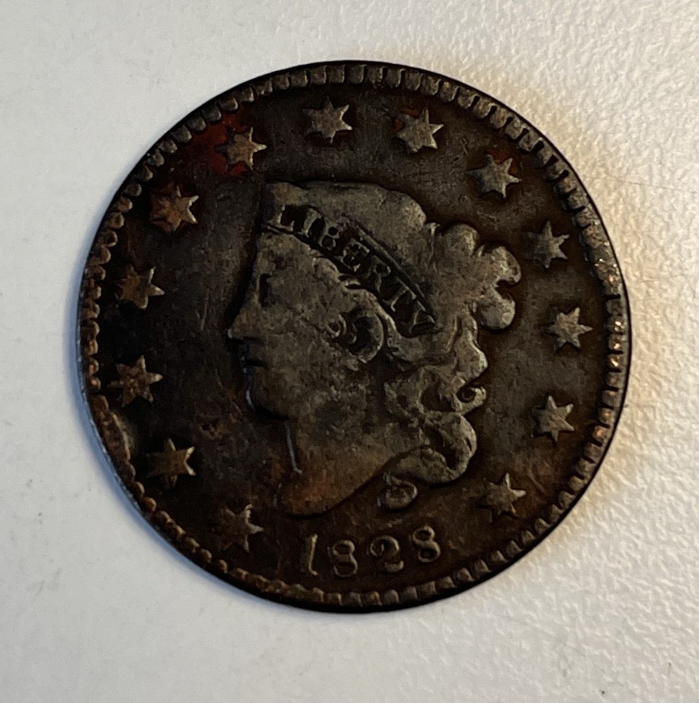 1828 Matron Head Large Cent, Small Wide Date, VG Details, Reverse Smooth