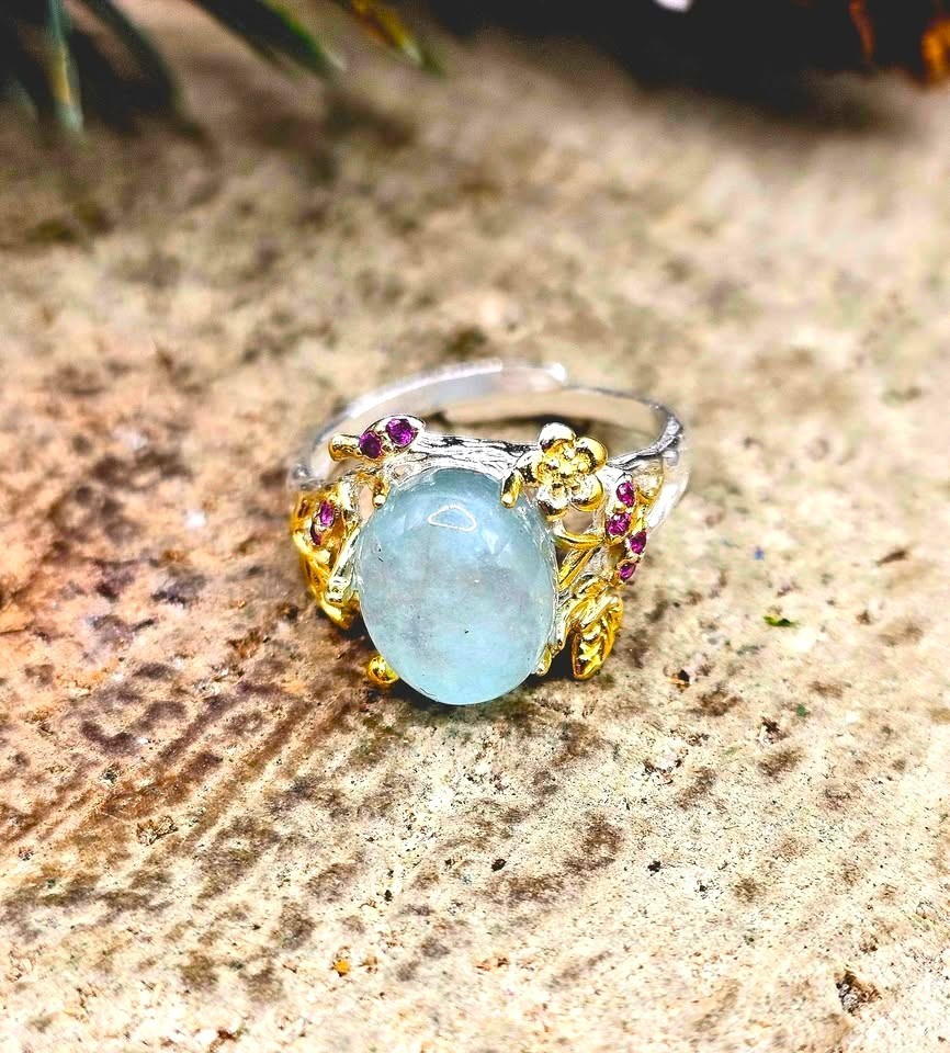 Nature Blue Morganite Stone Adjustable Ring