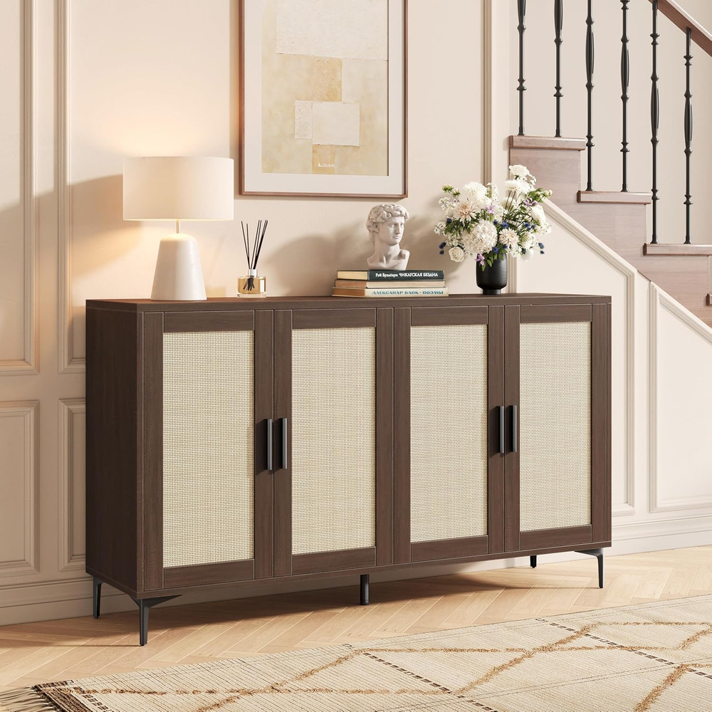 Buffet Cabinet with Storage, 48" Rattan Sideboard with Adjustable Shelves, Moder