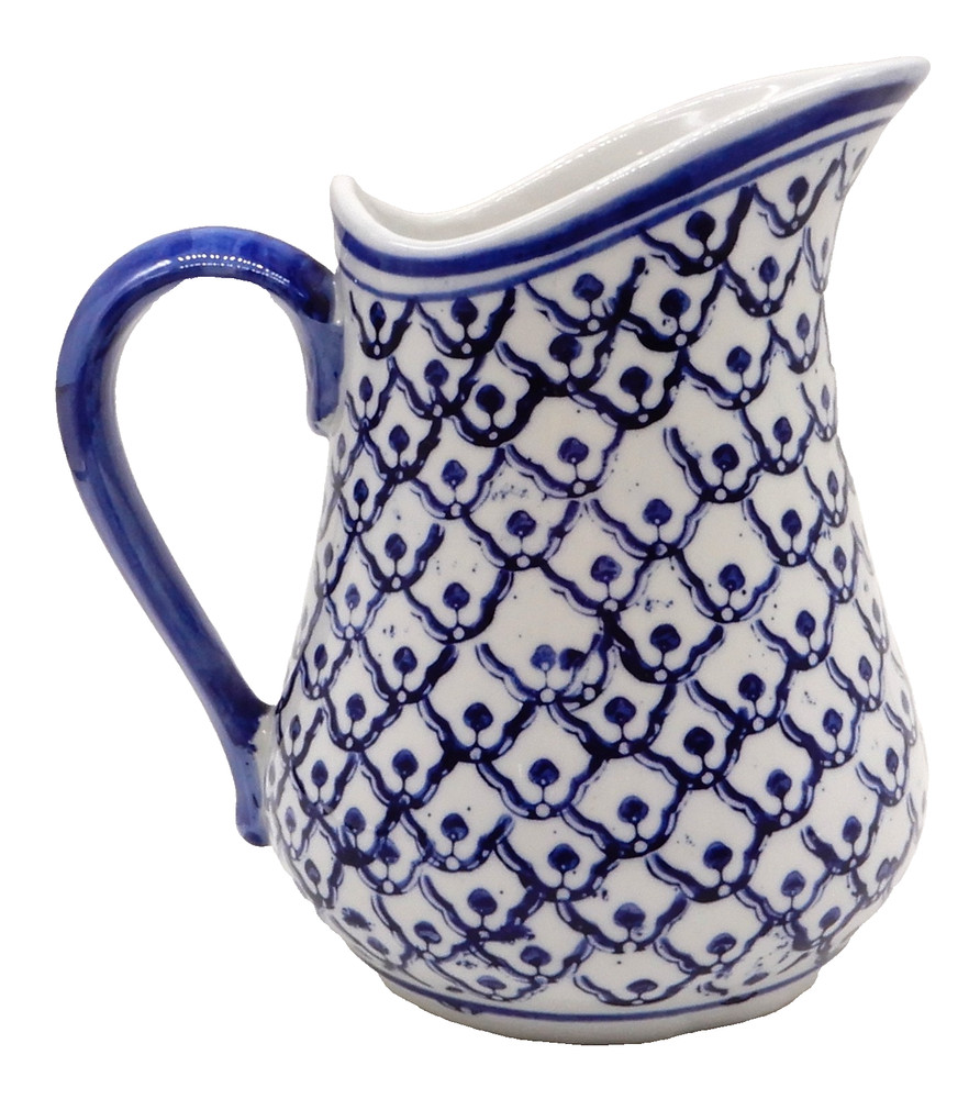 Blue & White Fishnet Pattern Ceramic 32 oz. Pitcher 6.75” Tall