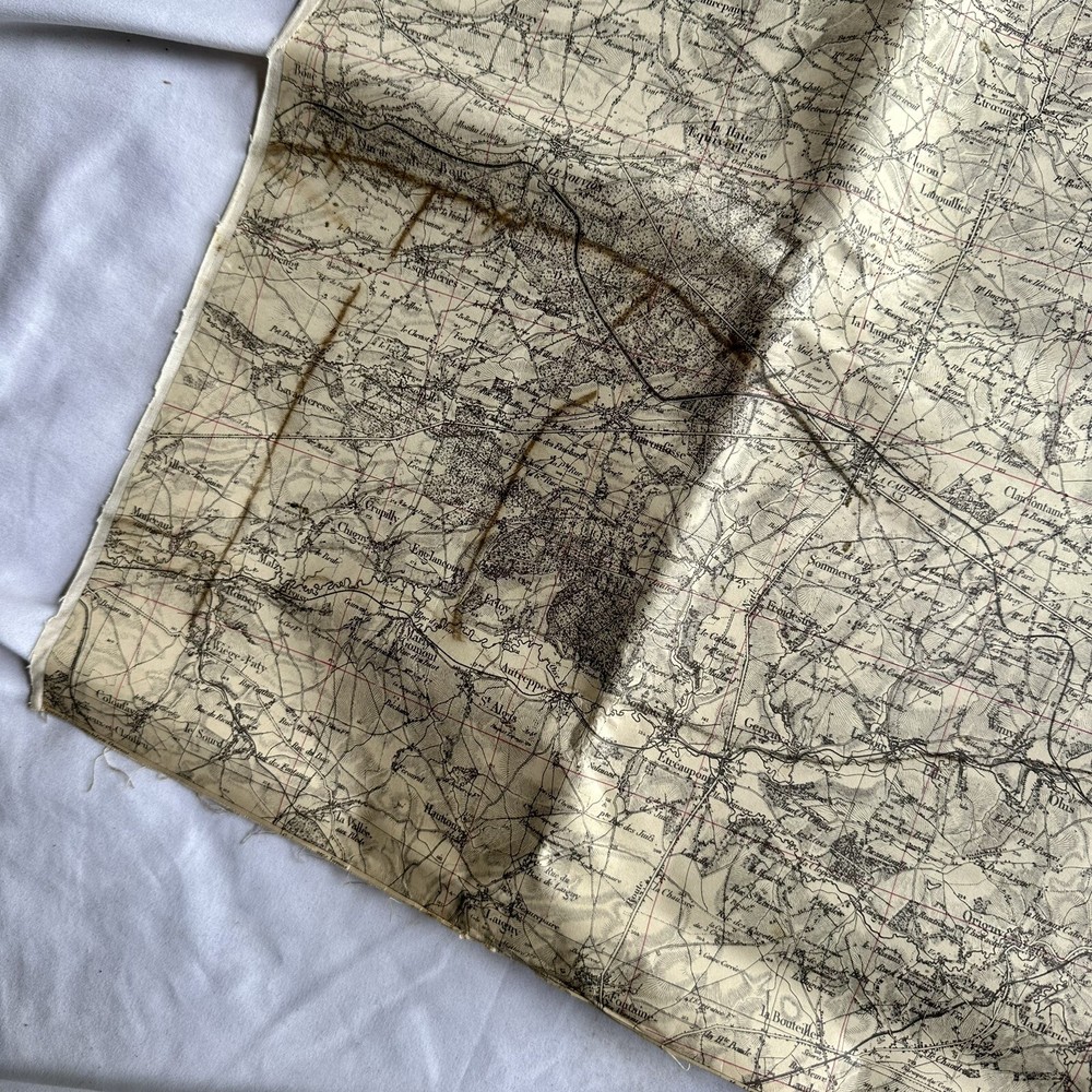 WWII Aviator Escape Fabric Map NE France W/ Checkpoints & Front Drawn