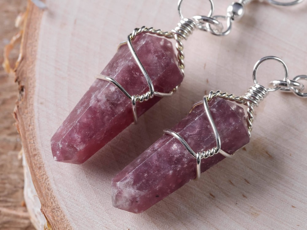 LEPIDOLITE Crystal Point Wire Wrapped Dangle Drop Earrings Jewelry Gift, E0550