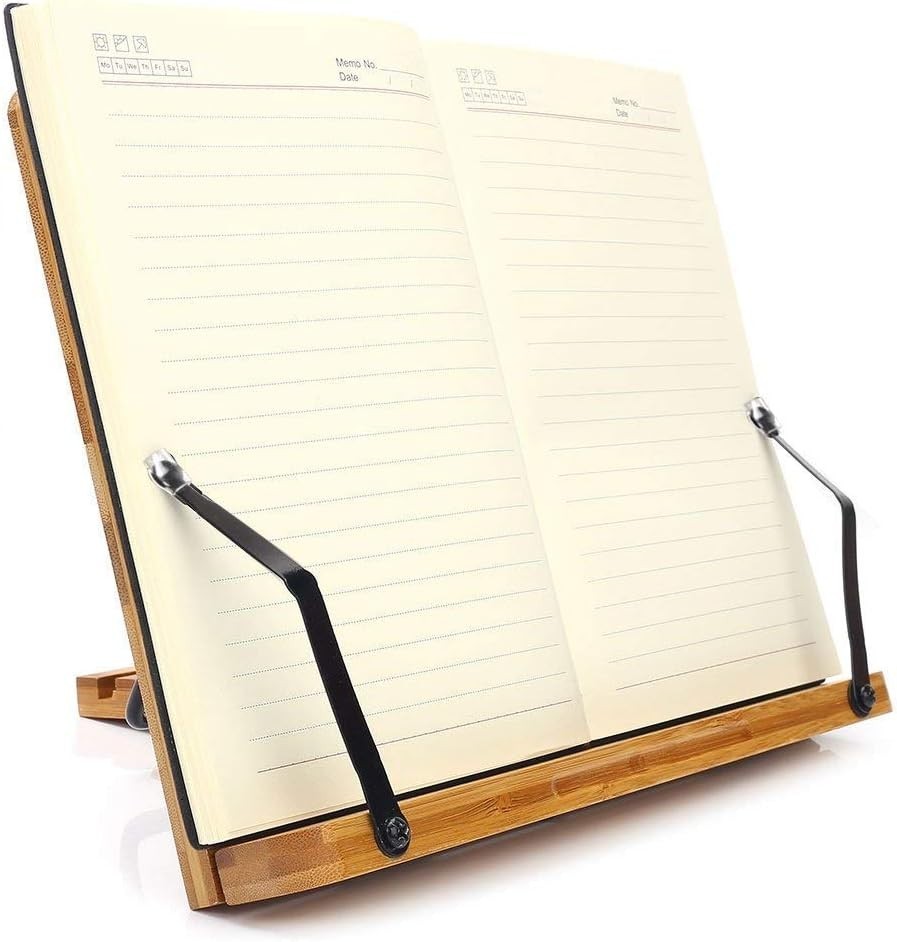 Bamboo Book Stand Adjustable Holder Tray Page Clips Foldable Portable Reading