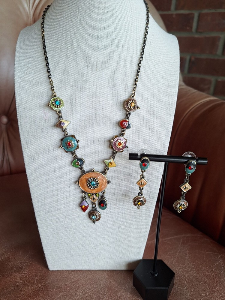 Vtg Statement Indian Hand Crafted Stone Long Drop Post Earrings & Necklace 18"