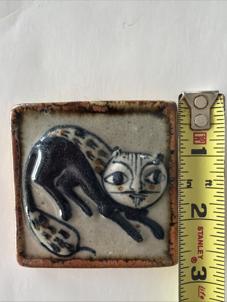 Glazed Pottery Ceramic Small Tile Black Cat With Colorful Tail Signed Mexico
