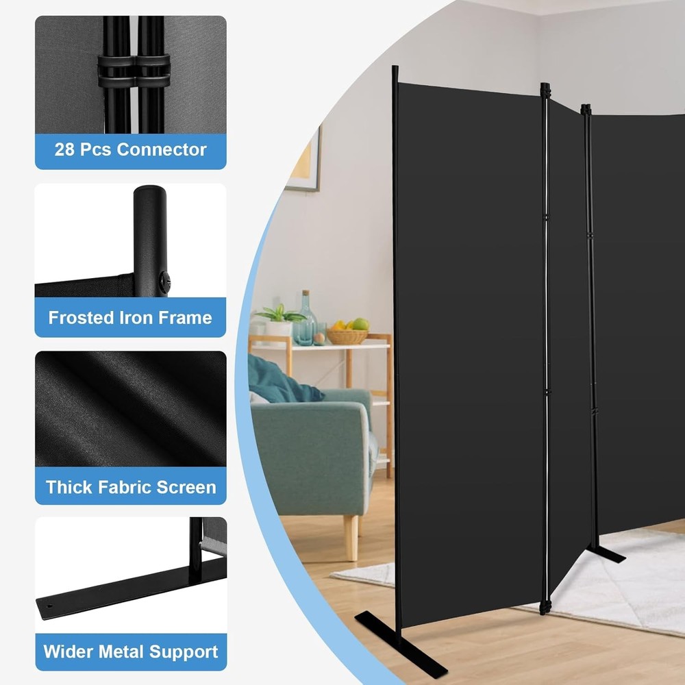 MAYOLIAH 8-Panel Black Room Divider 6ft Tall Folding Privacy Screen Portable