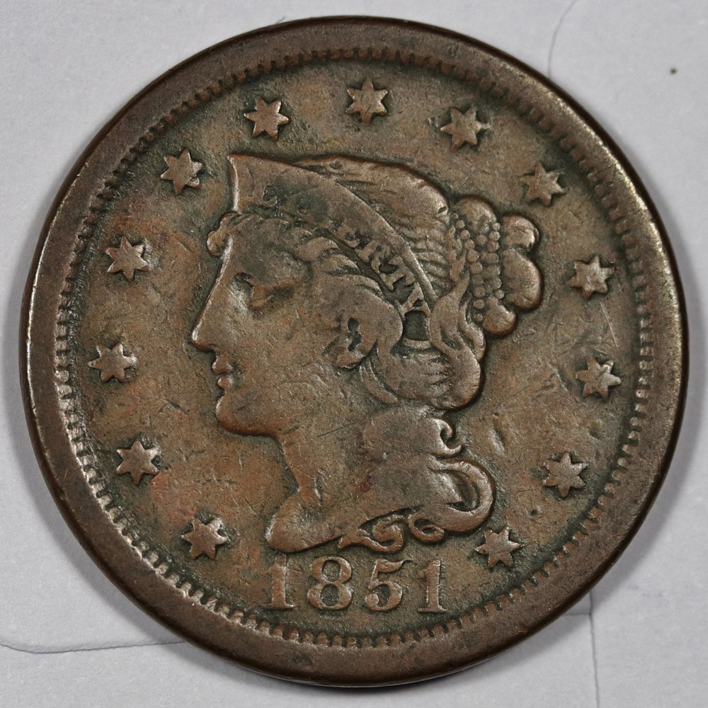 1851 Large Cent.  Error Struck off Center.  Fine.  208566