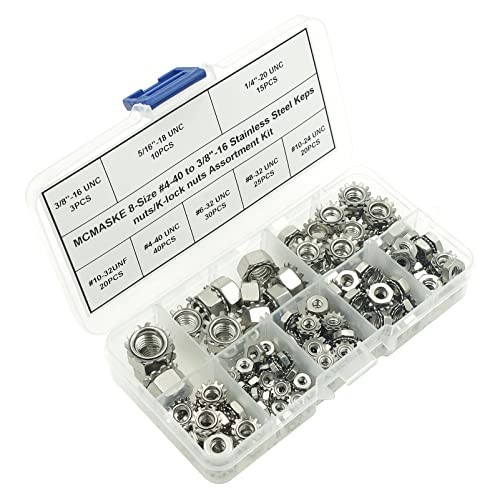 Stainless Steel Keps Nuts & K-Lock Nut Assortment Kit - Hex Nuts with Washers, 4
