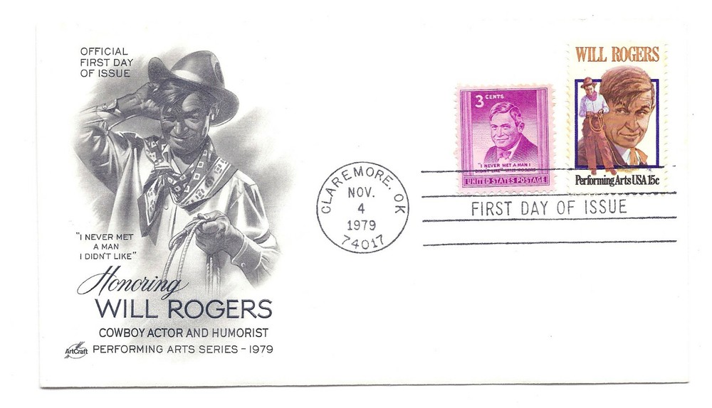 1801 Will Rogers, Performing Arts, Artcraft comb w/975  FDC