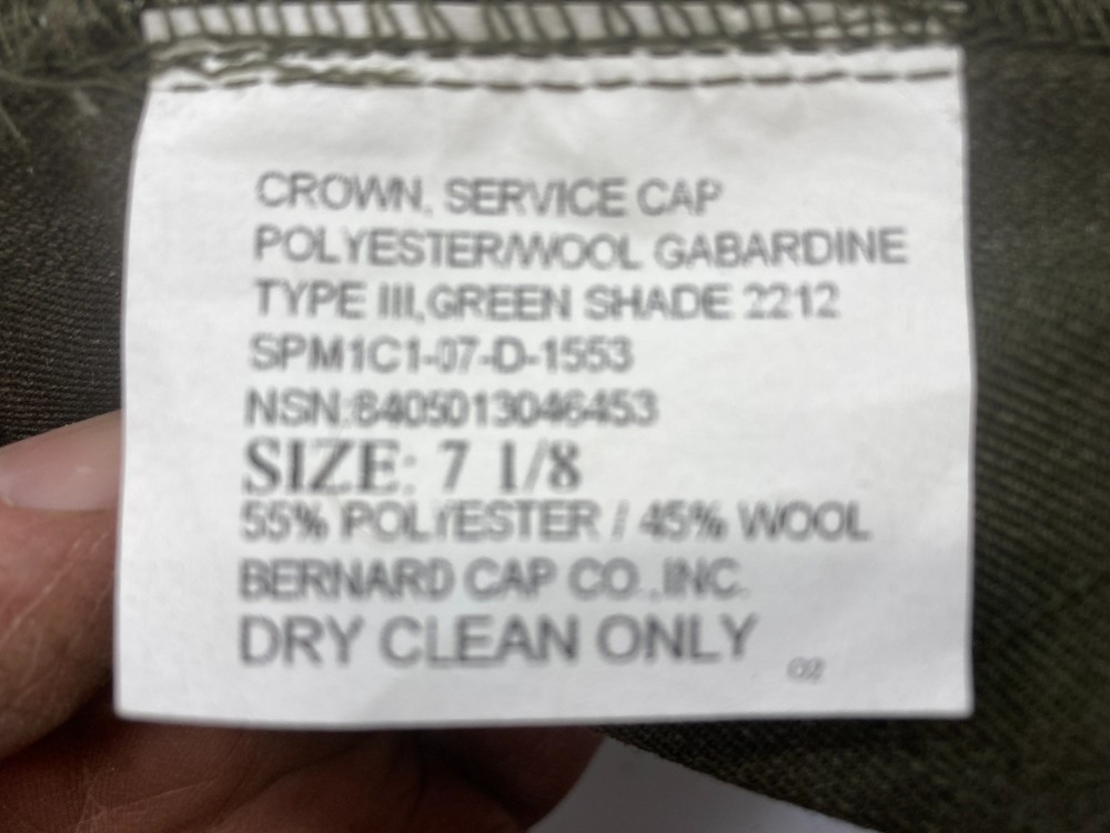 Crown Service Cap Size 7-1/8 ~ polyester/Gabardine Green ~ Never Worn