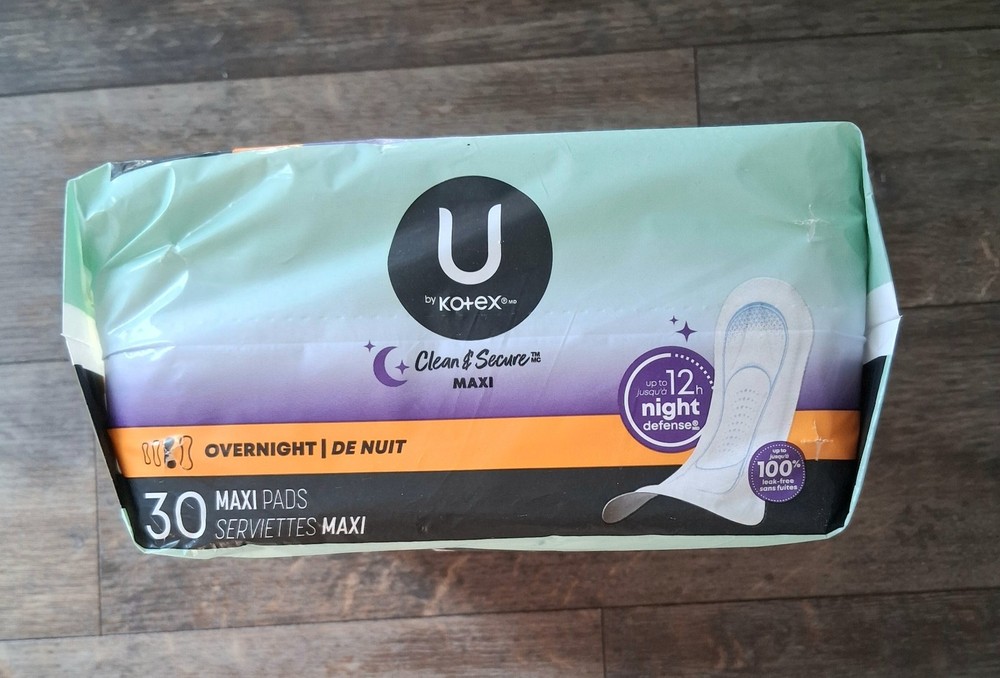 U by Kotex Clean & Secure Overnight Maxi Pads, 30 Count, NIP, Unopened