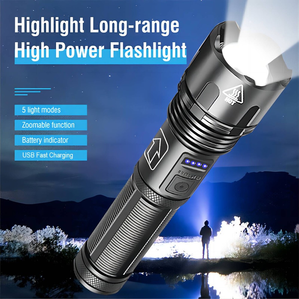 LED Flashlight Tactical Rechargeable Super Bright Work Lights Retractable Zoom