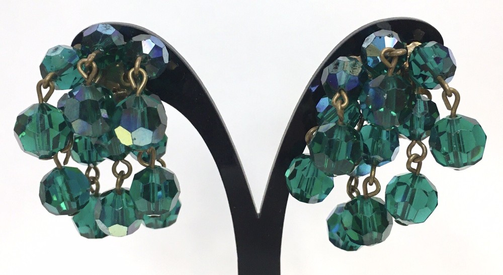 Dark Green AB Cluster Dangle Earrings Clip On Style Luster Sparkle