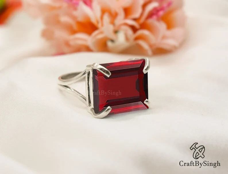 Large Garnet Ring, Rectangle Octagon Garnet, Bold Statement Ring, 925  All Size