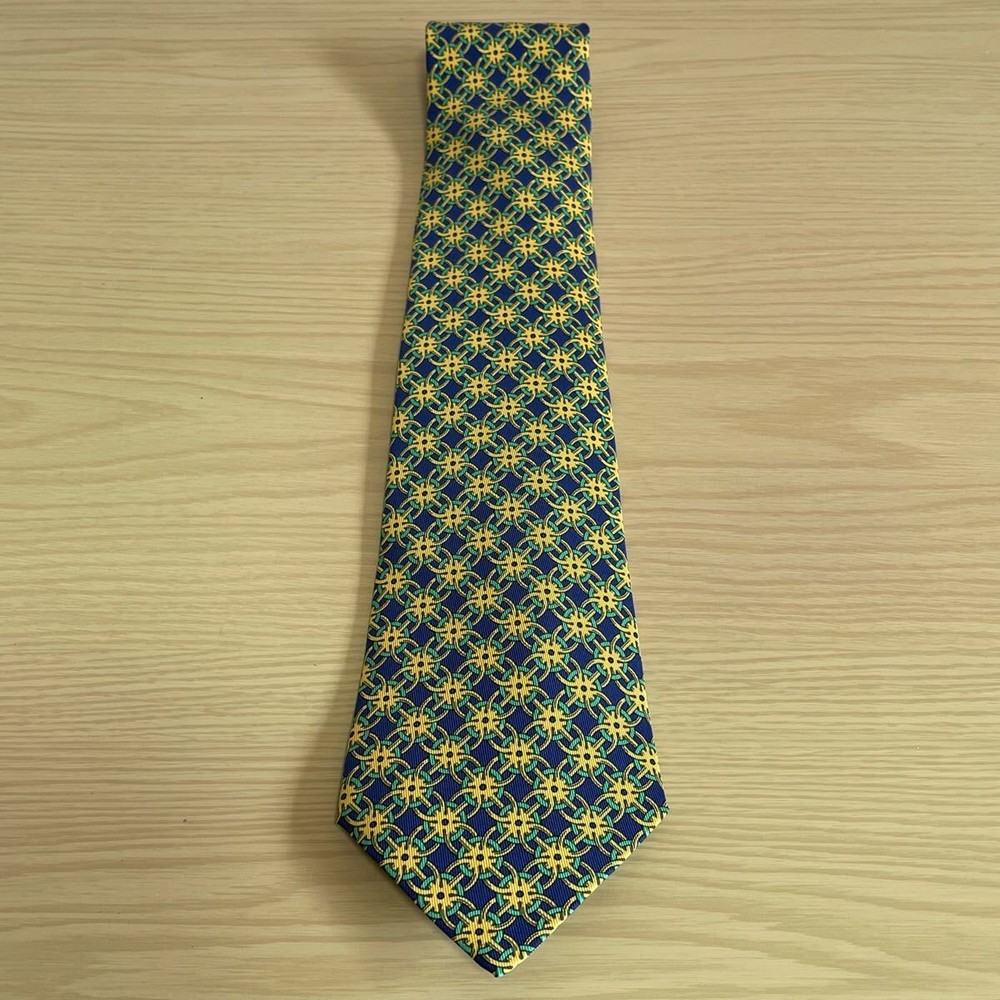 HERMES Blue Gold Green Gear Pattern Tie