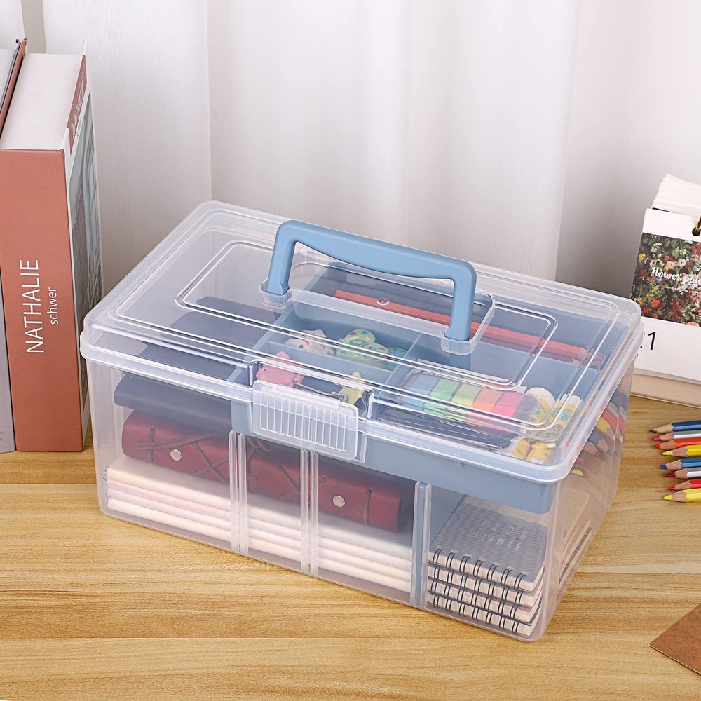 2 Layer Clear Plastic Dividing Storage Box with Removable Tray Multipurpose