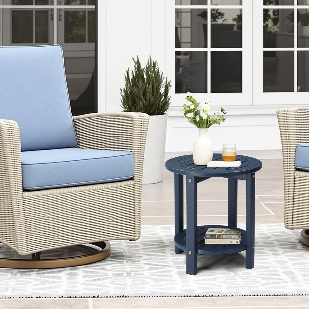 Weather Resistant End Table Small Outdoor Table, Navy Blue, Round