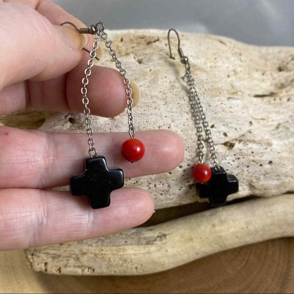 Black Onyx Stone Cross Chain Dangle Earrings