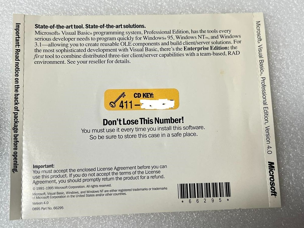 MICROSOFT Visual Basic 4.0 Professional Edition Disc W/CD KEY Windows PC 95 NT 3