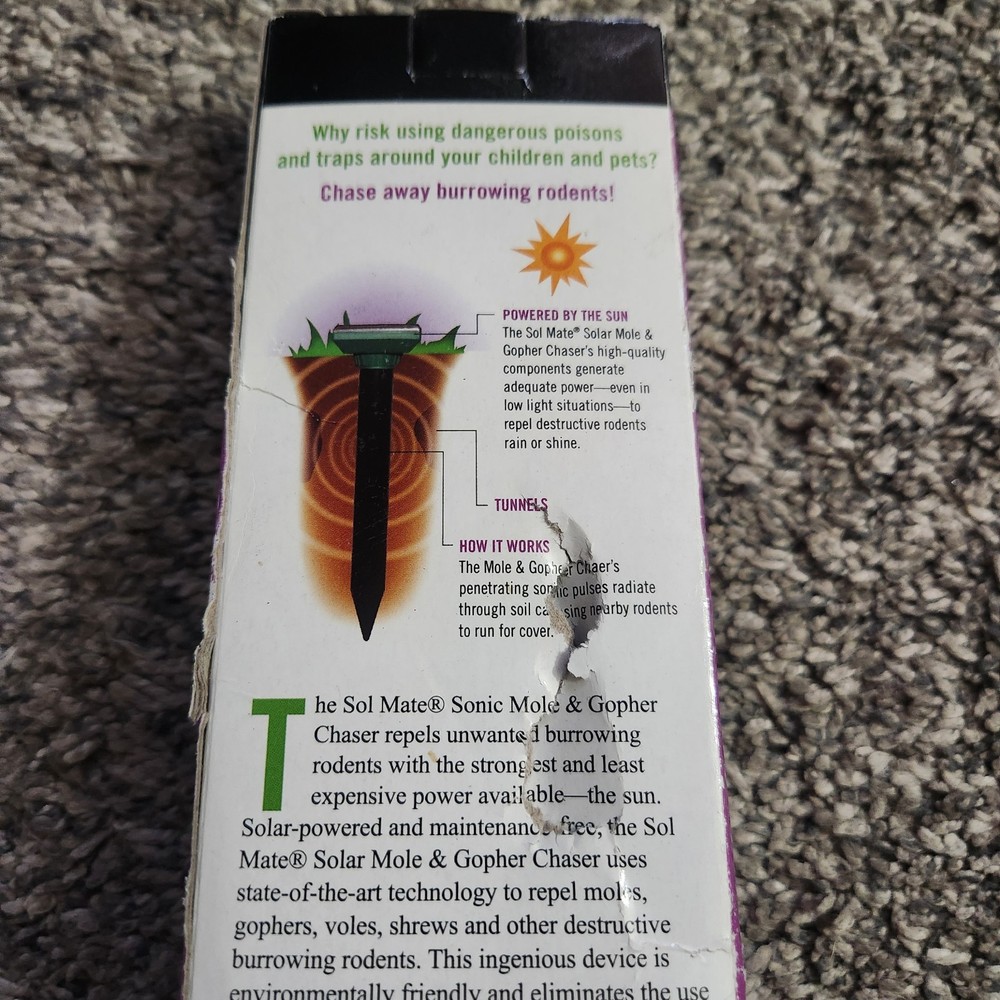 Mole Gopher Chaser Repeller P3 Sol Mate Solar Powered Sonic Action NEW OPEN BOX