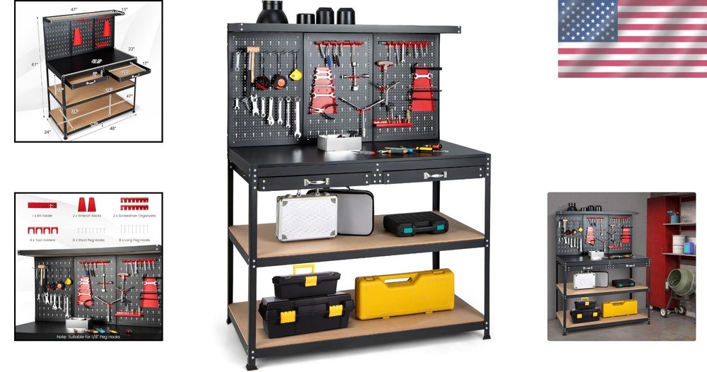 Robust 48" x 24" Heavy Duty Workbench with Pegboard & 2 Drawers - Easy Assemble