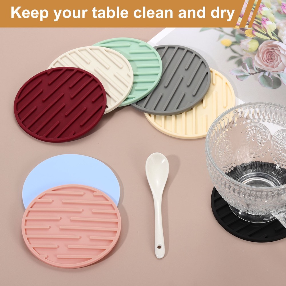 4pcs Silicone Coasters for Drinks, Round Cup Coasters Line Pattern Green