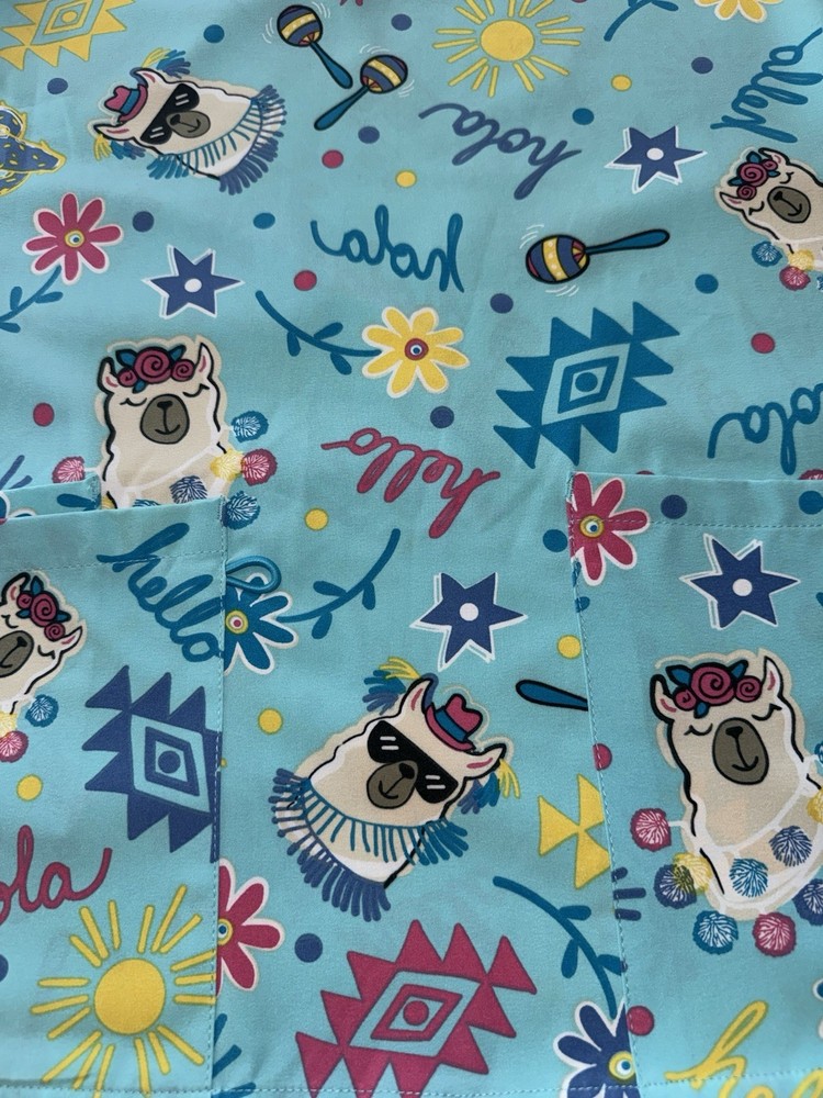 Aqua Above XS Patterned Blue Multicolor Scrub Top Polyester Spandex