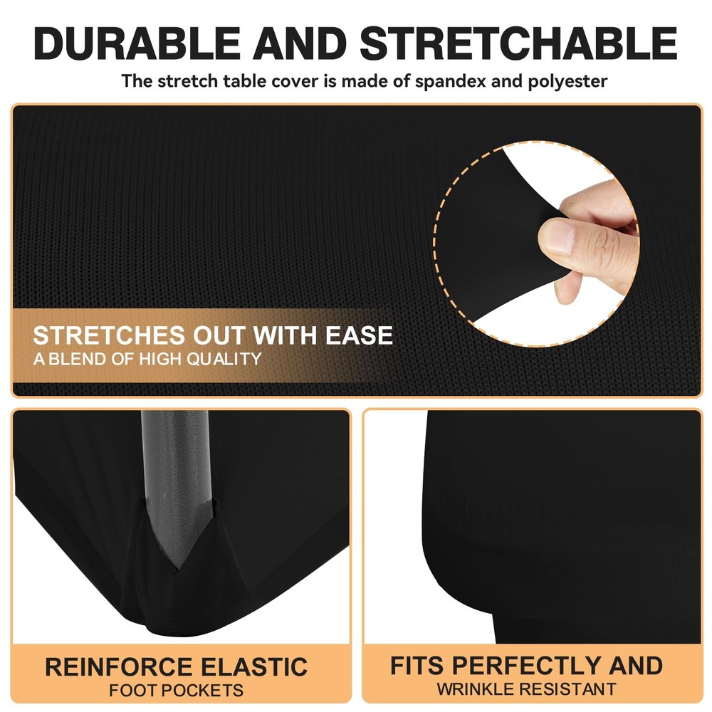 2 Pack 5 Feet Black Spandex Tablecloth for Rectangular Tables Fitted & Stretc...