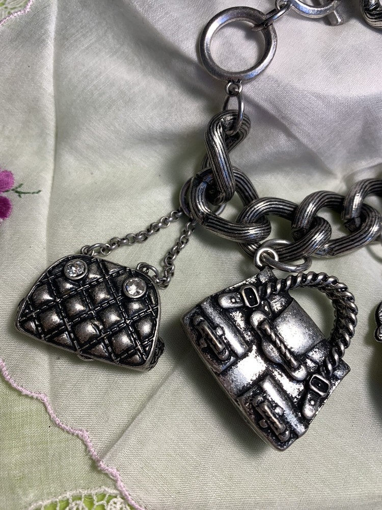 Silver Tone Chunky Statement Purse Charms Bracelet BR-45