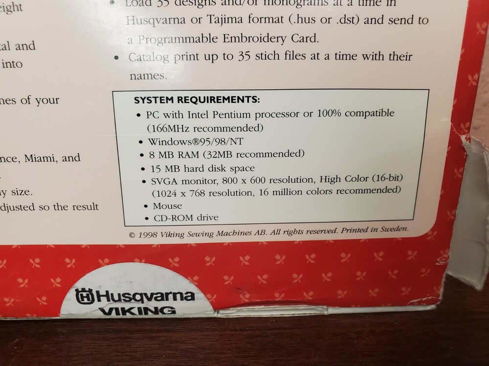 Husqvarna Viking Customizing Embroidery System 5 Windows 95 98 NT Version 5.0