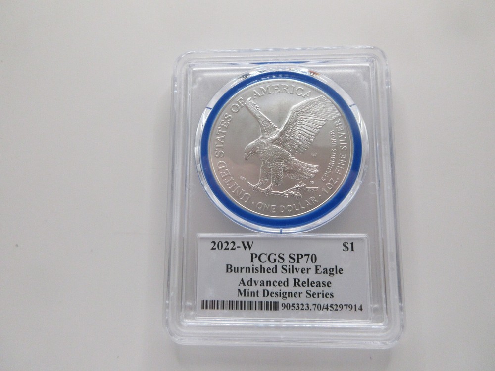 2022-W Burnished Silver Eagle Advanced Release; Mint Designer Damstra PCGS SP70