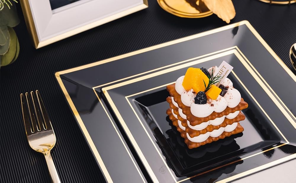Bla Square Plastic Plates with Gold Rim Include 30 Disposable Dinner