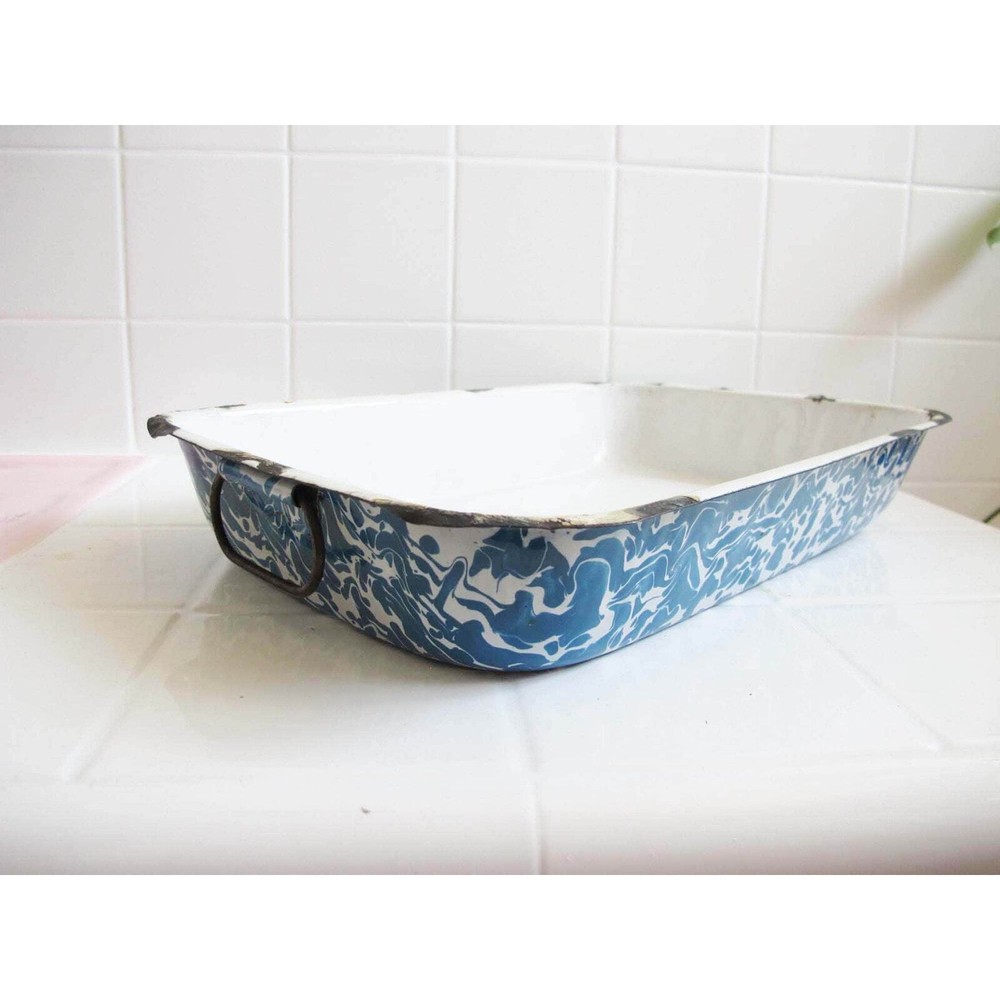 Vtg Splatterware Blue White Enamel Rectangle Roasting Pan Marbled Swirl Chippy