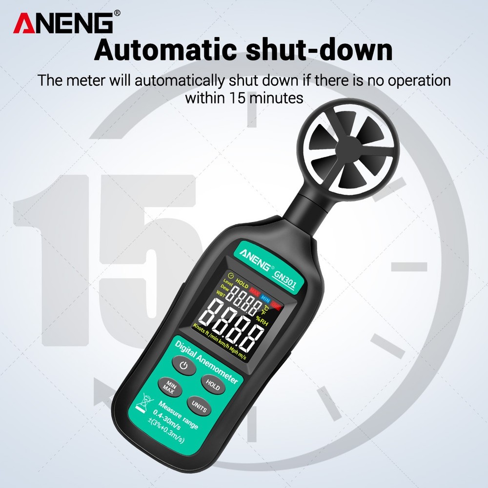 ANENG GN301 Digital Anemometer Wind Speed Meter Temperature LCD Backlight