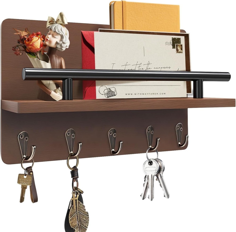 Rustic Wall-Mounted Key Holder with Shelf & 5 Hooks for Entryway Organization