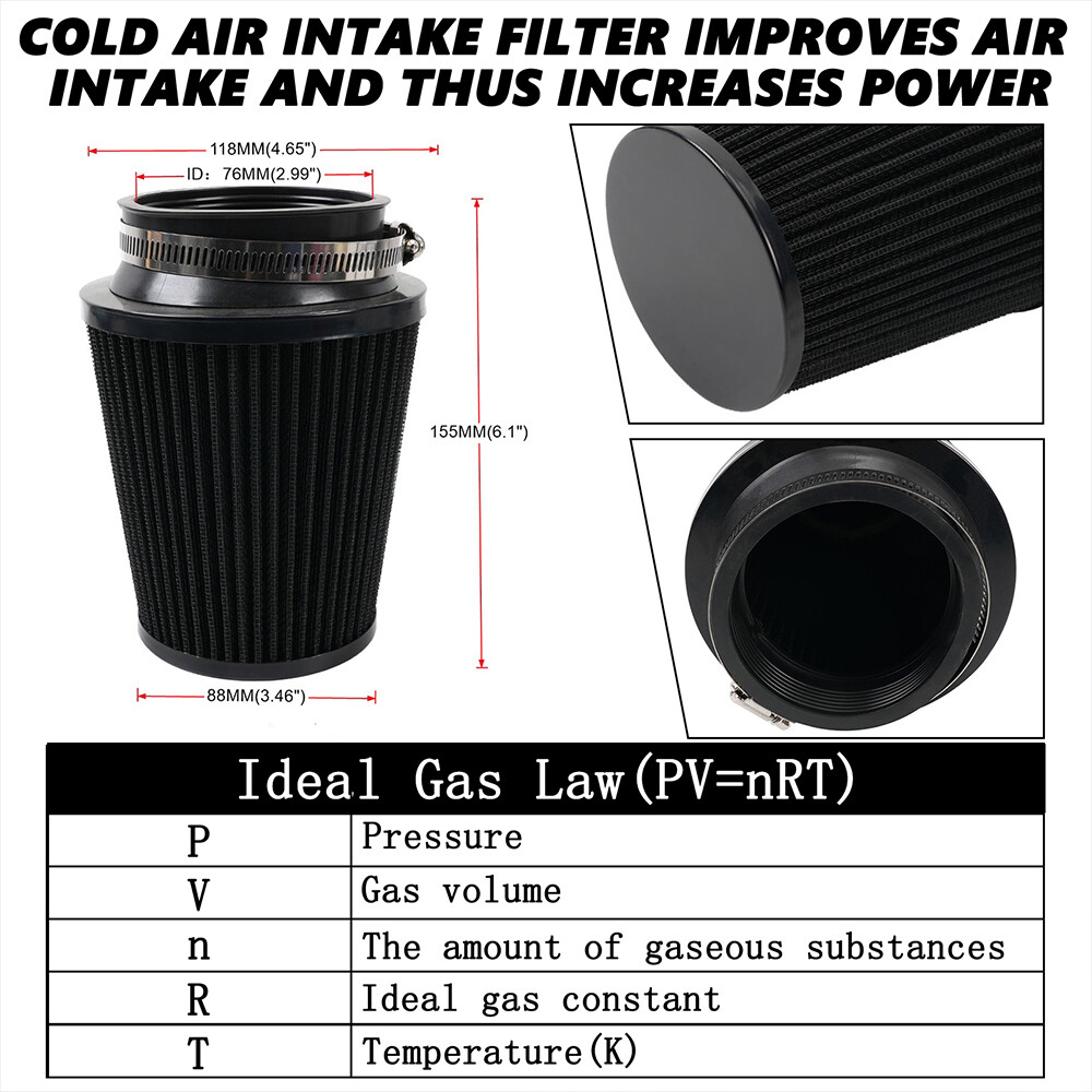 3" 76mm High Flow Inlet Dry Air Filter Cold Air Intake Cone Replacement Black