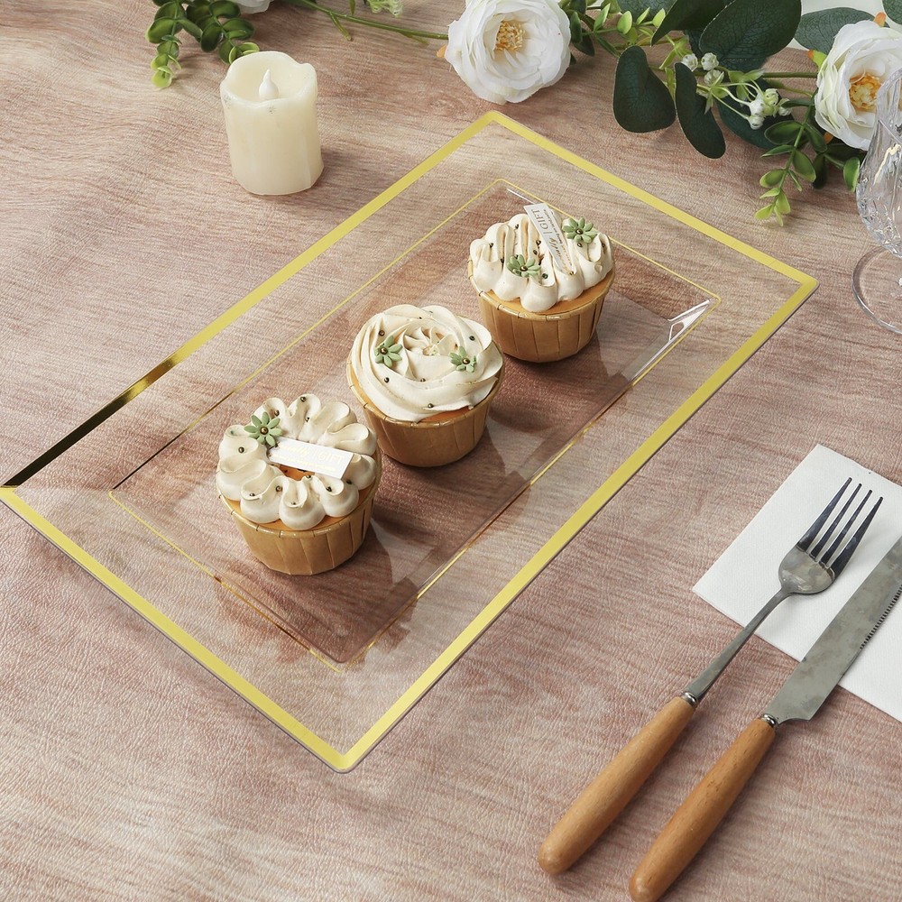 10 Clear Rectangular Plastic Serving Trays with Gold Rim Party Decorations